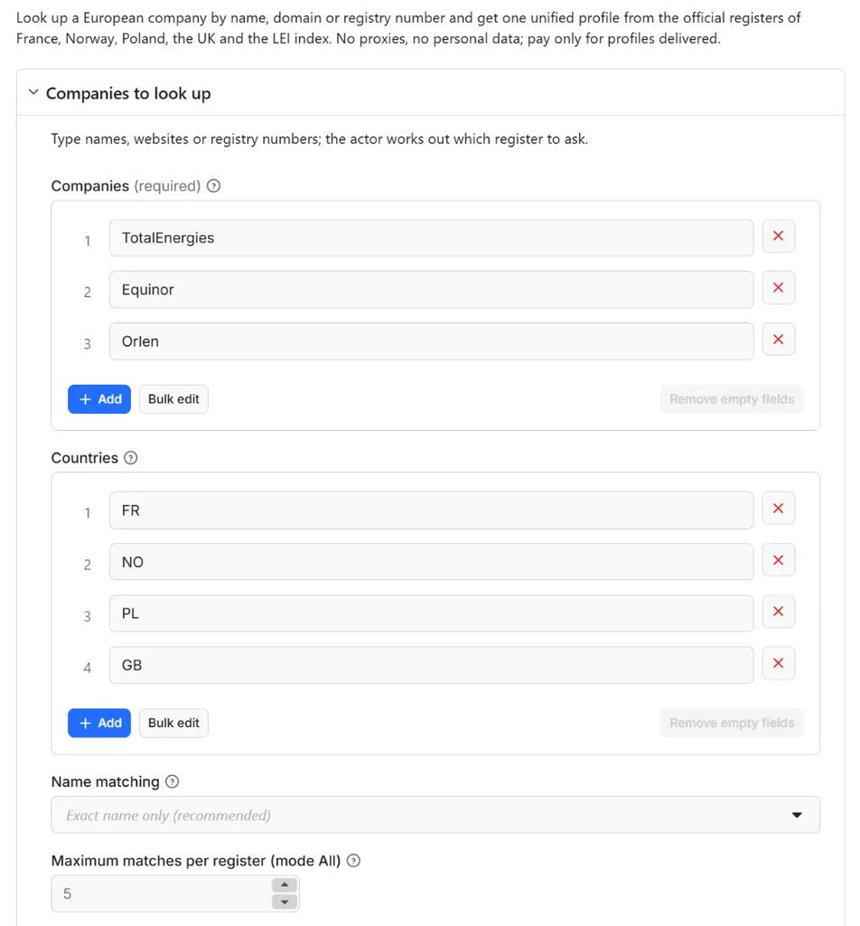 Input form of Company Register Lookup Europe: Name, ID, Domain or LEI