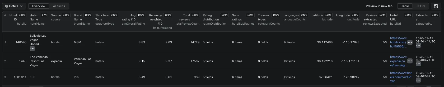 Hotels dataset - one aggregate row per hotel with average rating, rating distribution and category sub-scores