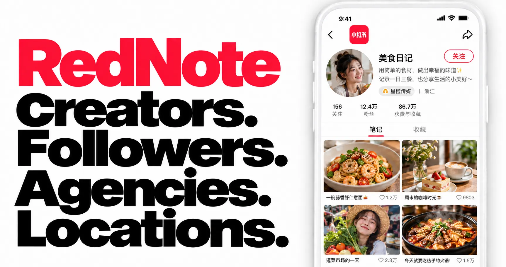 RedNote creators, followers, agencies and locations. Source-inspired profile artwork with illustrative creator details.
