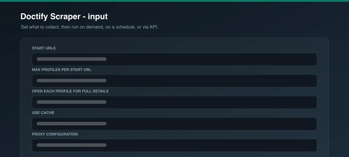 Doctify Scraper input options