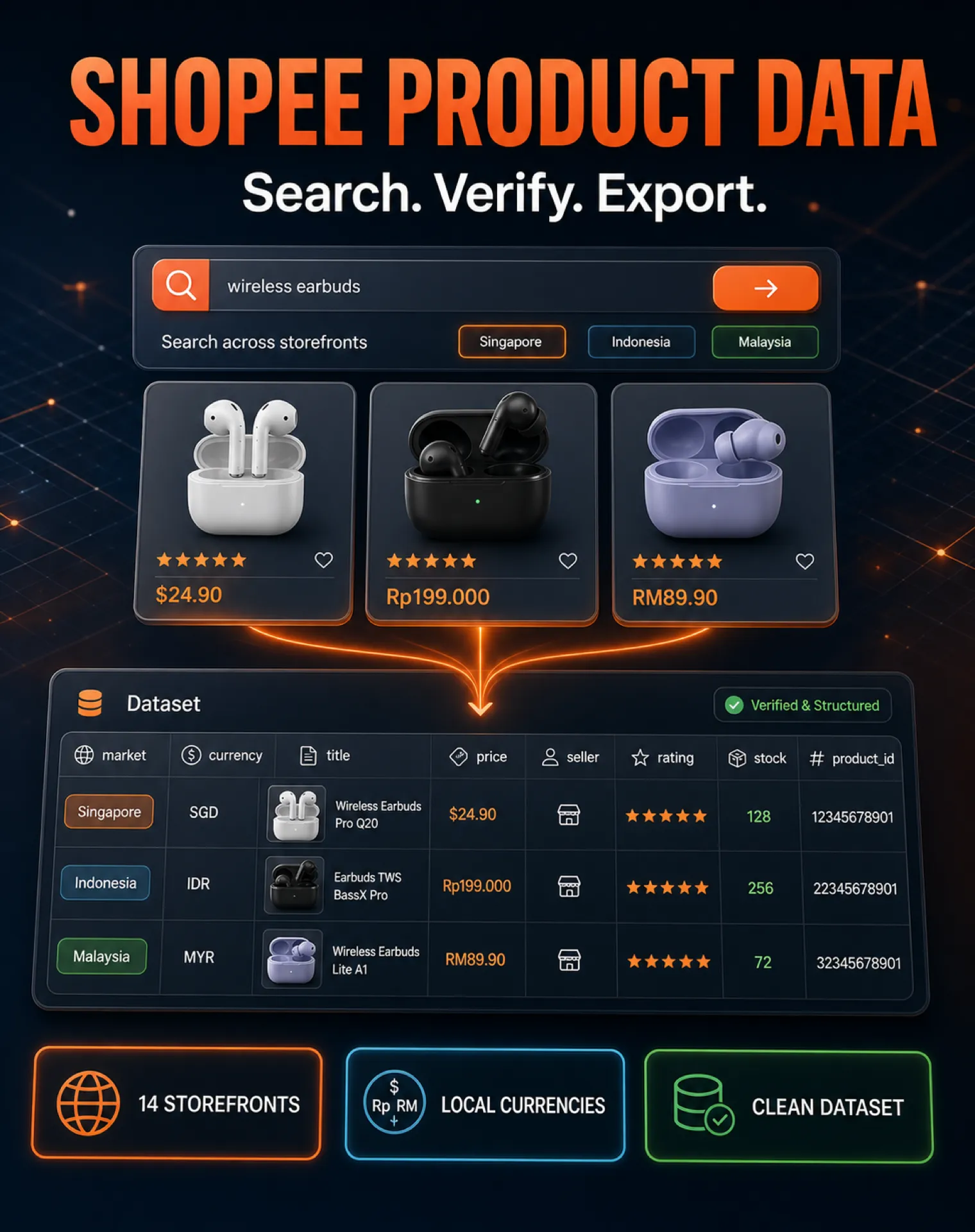 Shopee product export — 14 storefronts, one clean Dataset with price, seller, rating, stock and IDs