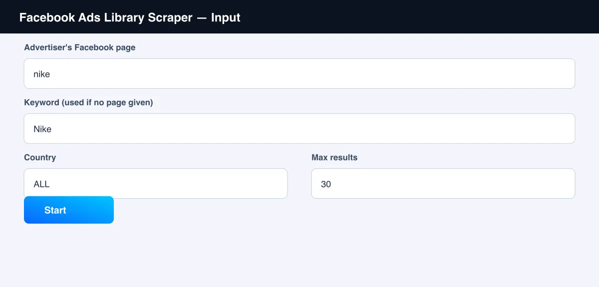 Facebook Ads Library Scraper input form with advertiser page, keyword and filters