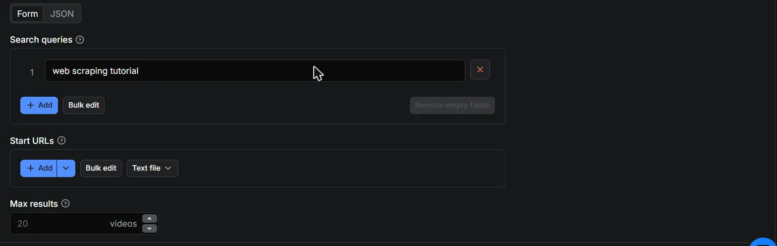 YouTube Scraper input form