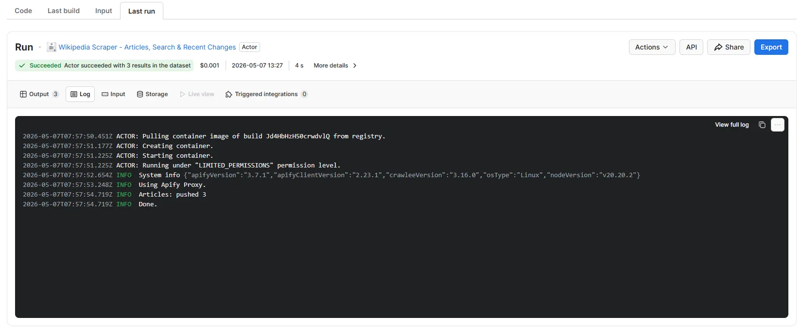 Run log — clean success
