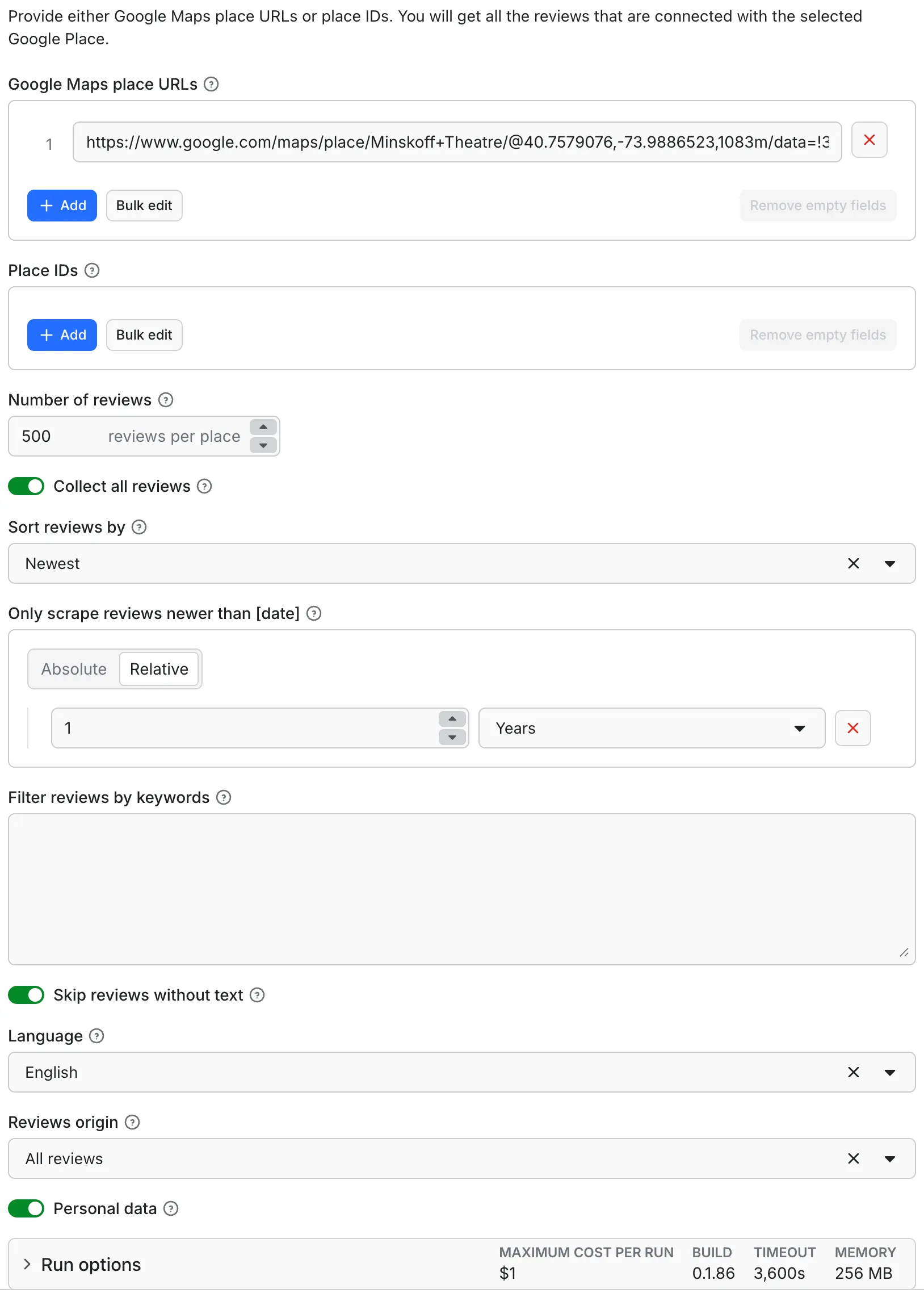 Google Maps Reviews Scraper — input form