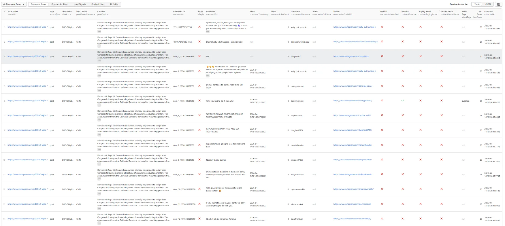 Comment Rows table view