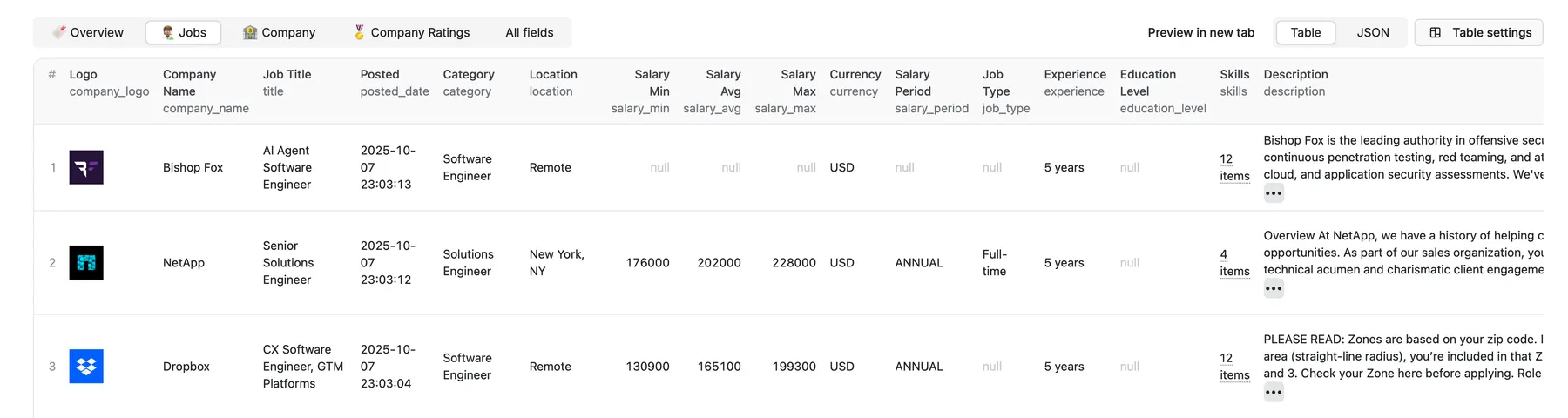 Glassdoor Scraper Output Overview