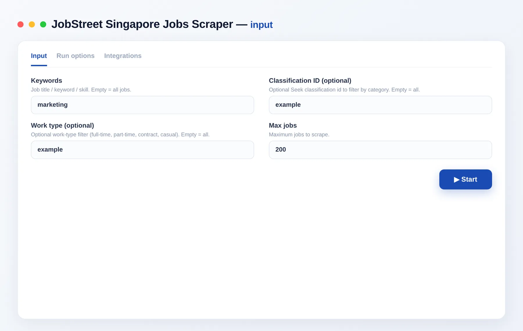 JobStreet Scraper input — keywords, classification and max jobs in the Apify Console