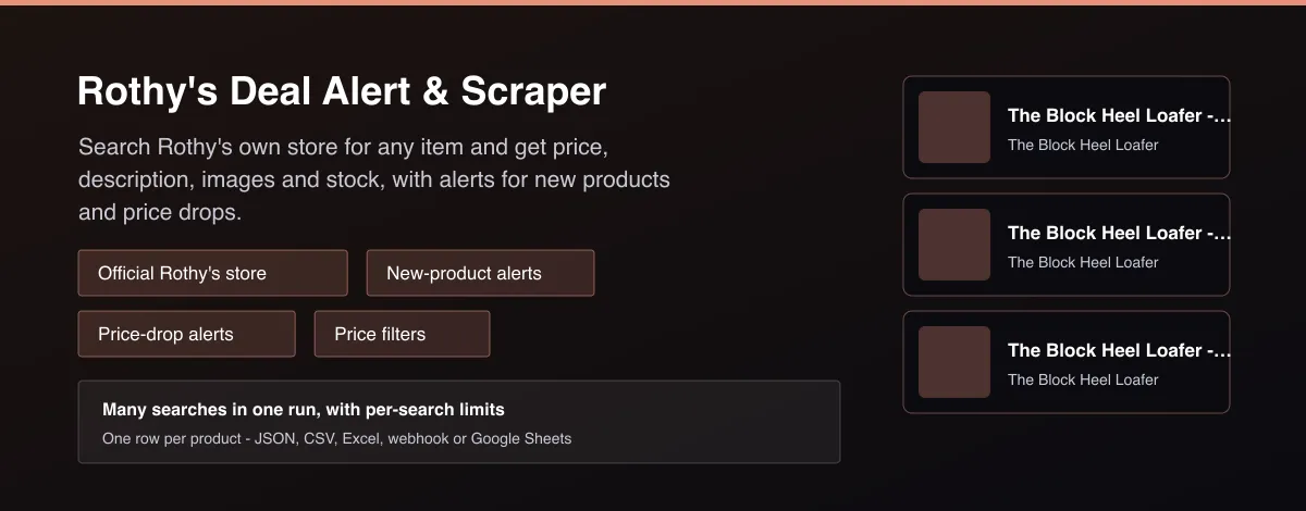 Rothy's Deal Alert & Scraper - product listings with price, stock and new-product alerts