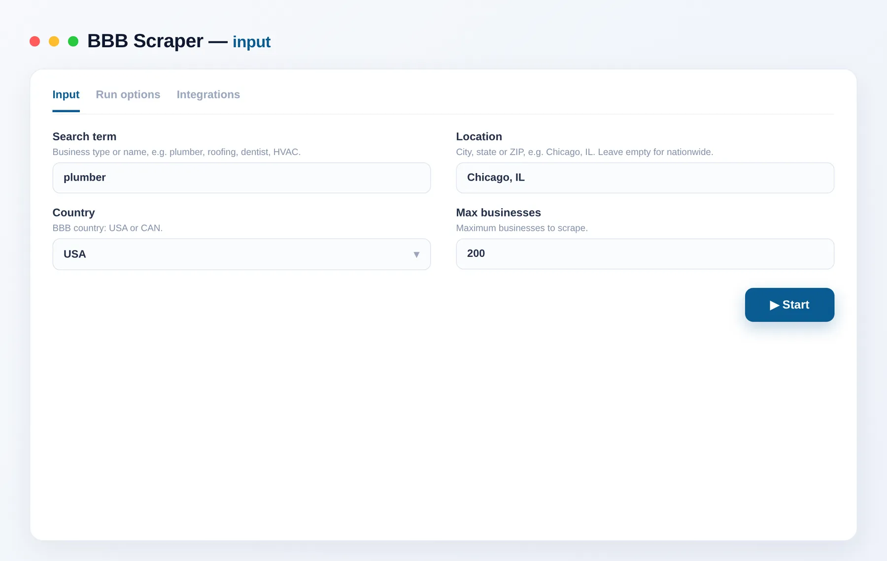 BBB Scraper input — business type, location and results limit in the Apify Console