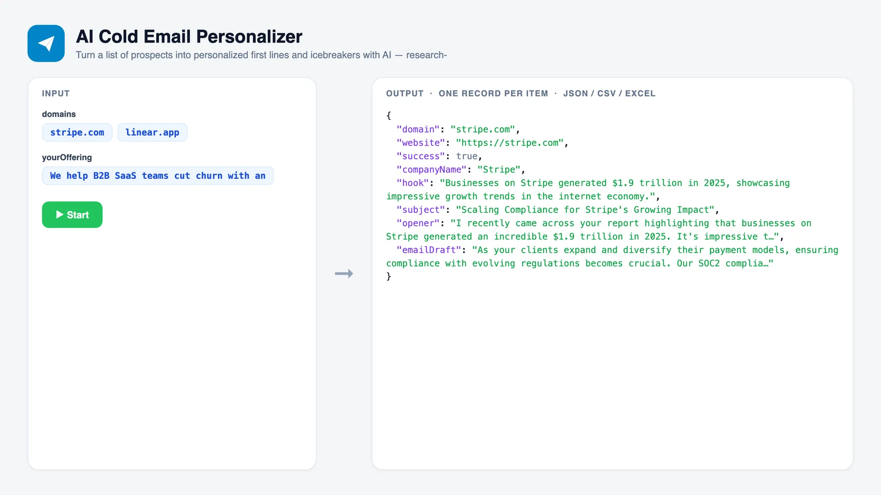 AI Cold Email Personalizer — input and sample output
