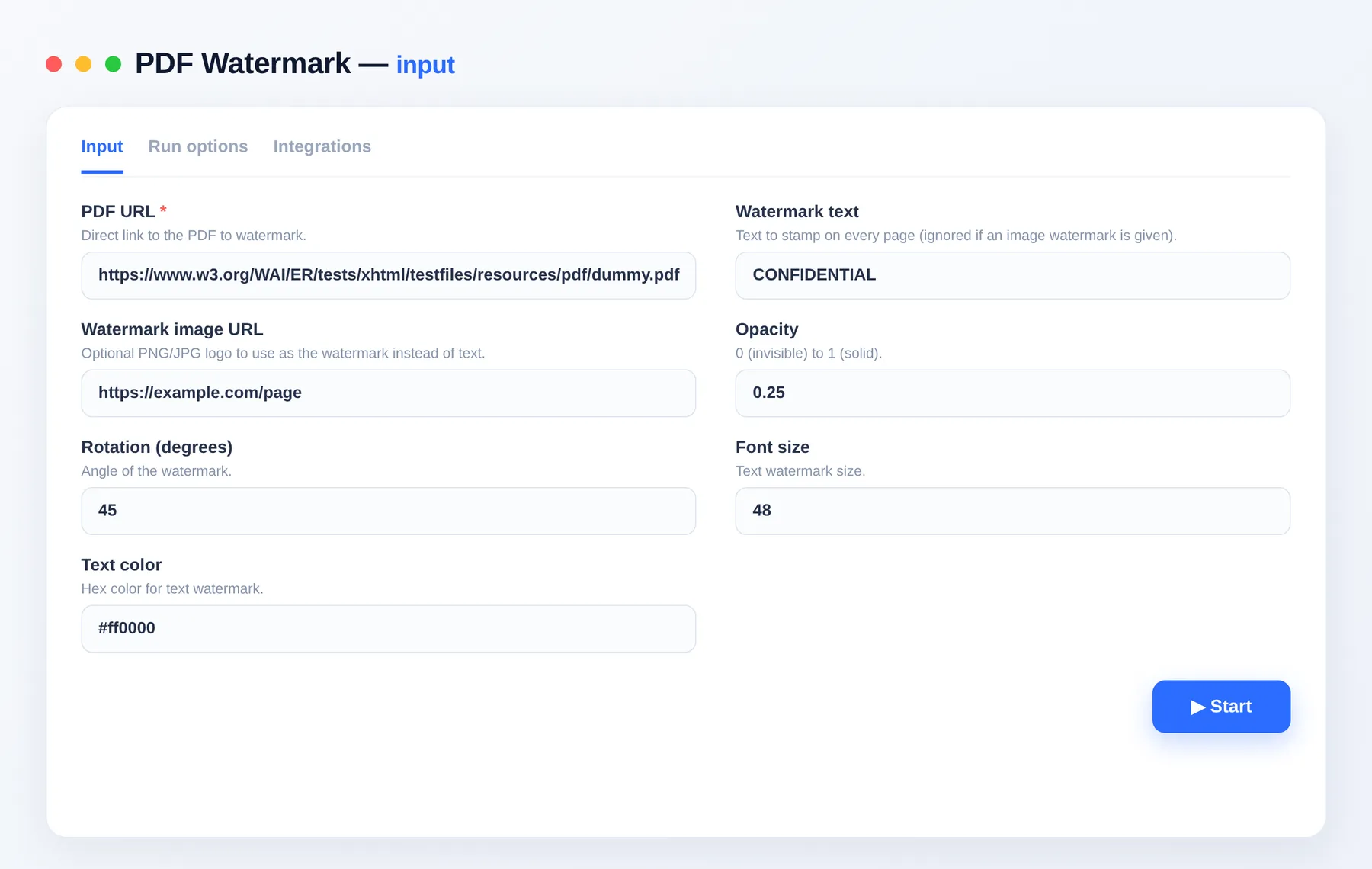 PDF Watermark input — configure the options in the Apify Console
