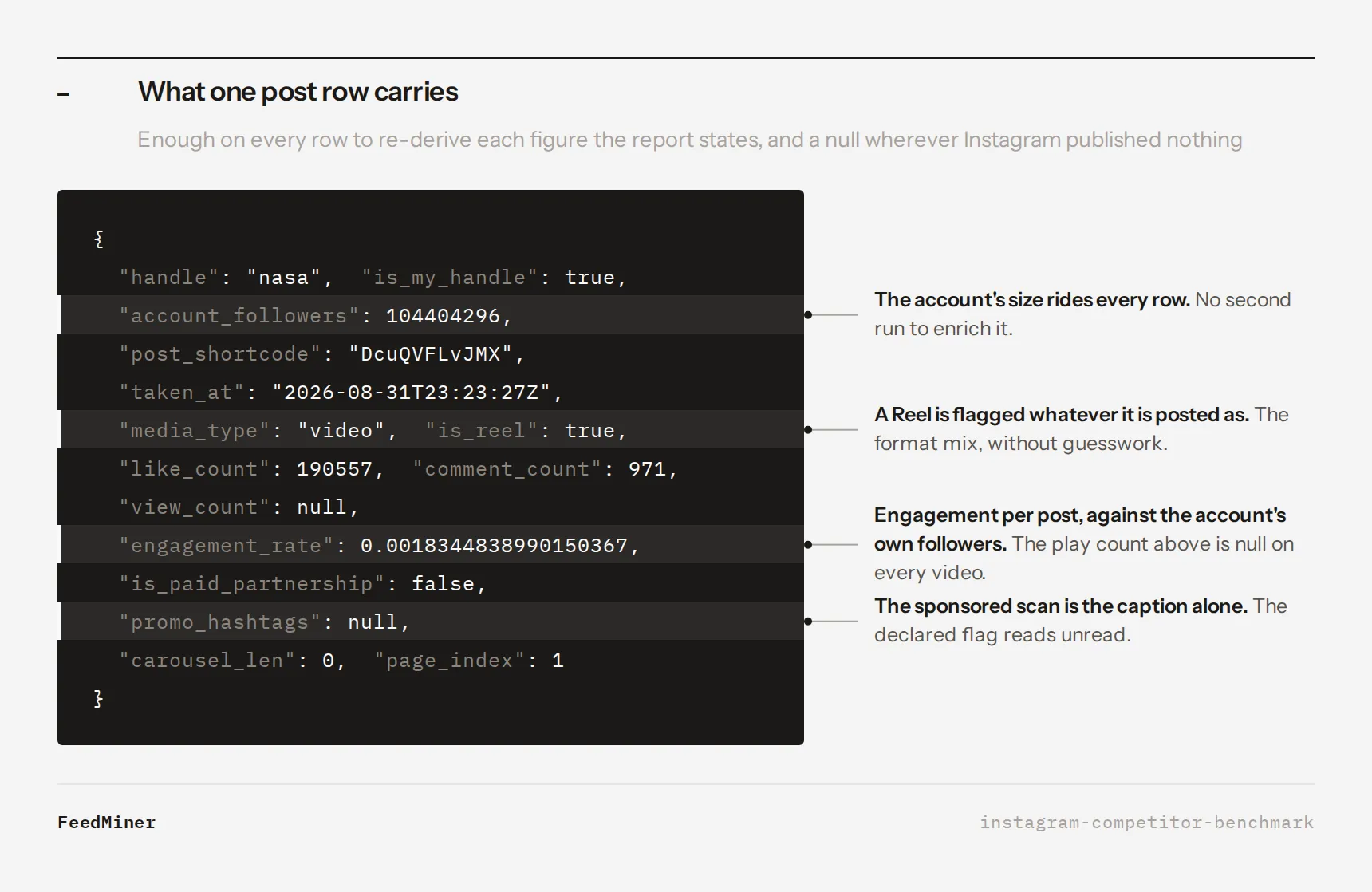 What one post row of the Instagram Competitor Benchmark carries, field by field