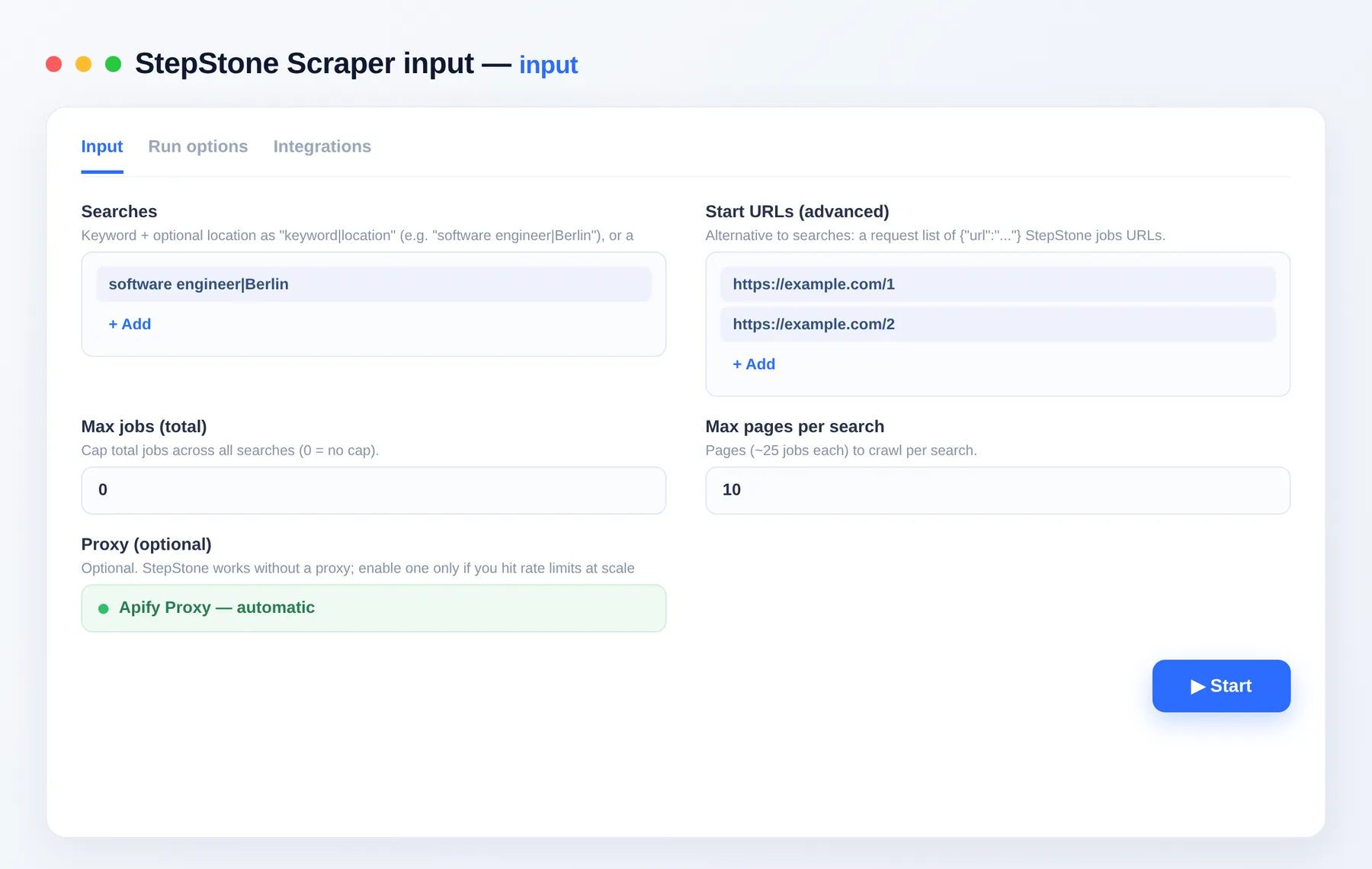 StepStone Scraper input β search terms, page depth and item limit in the Apify Console