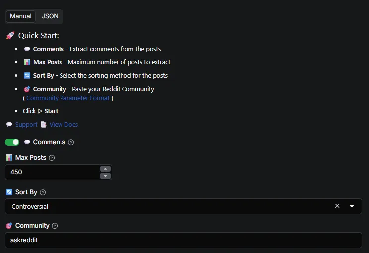 Subreddit Scraper Input Interface - Configure Reddit post extraction: select subreddit, sort method (new, hot, top, rising, controversial), max posts, and comment extraction options