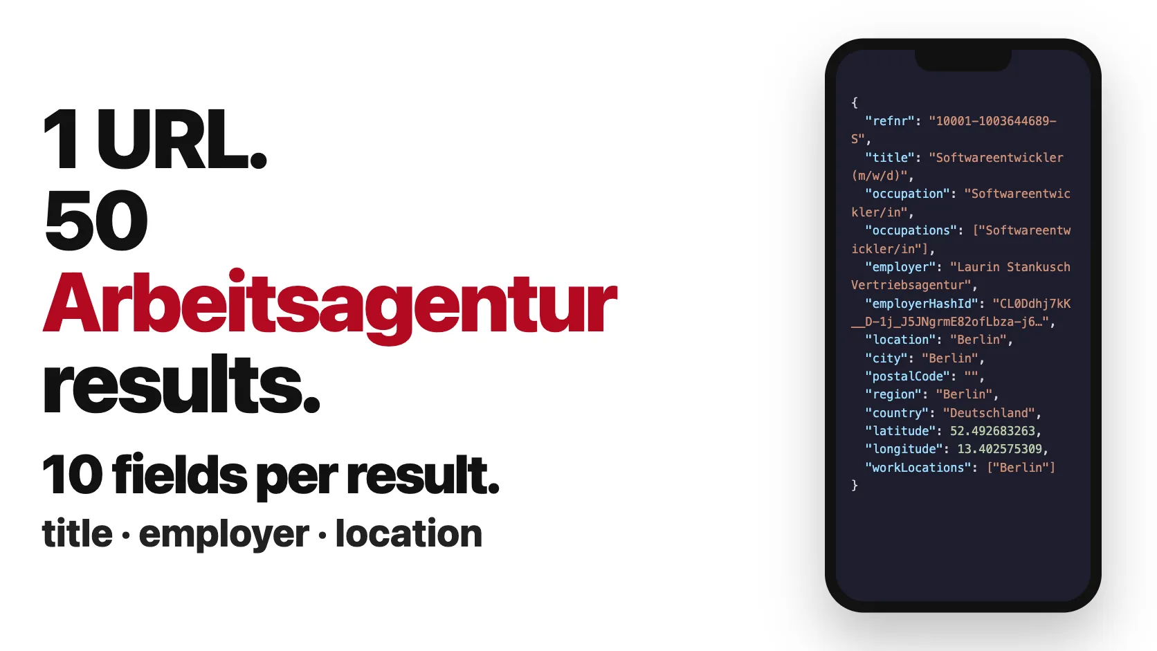 1 URL. 50 Arbeitsagentur results. 10 fields per result.