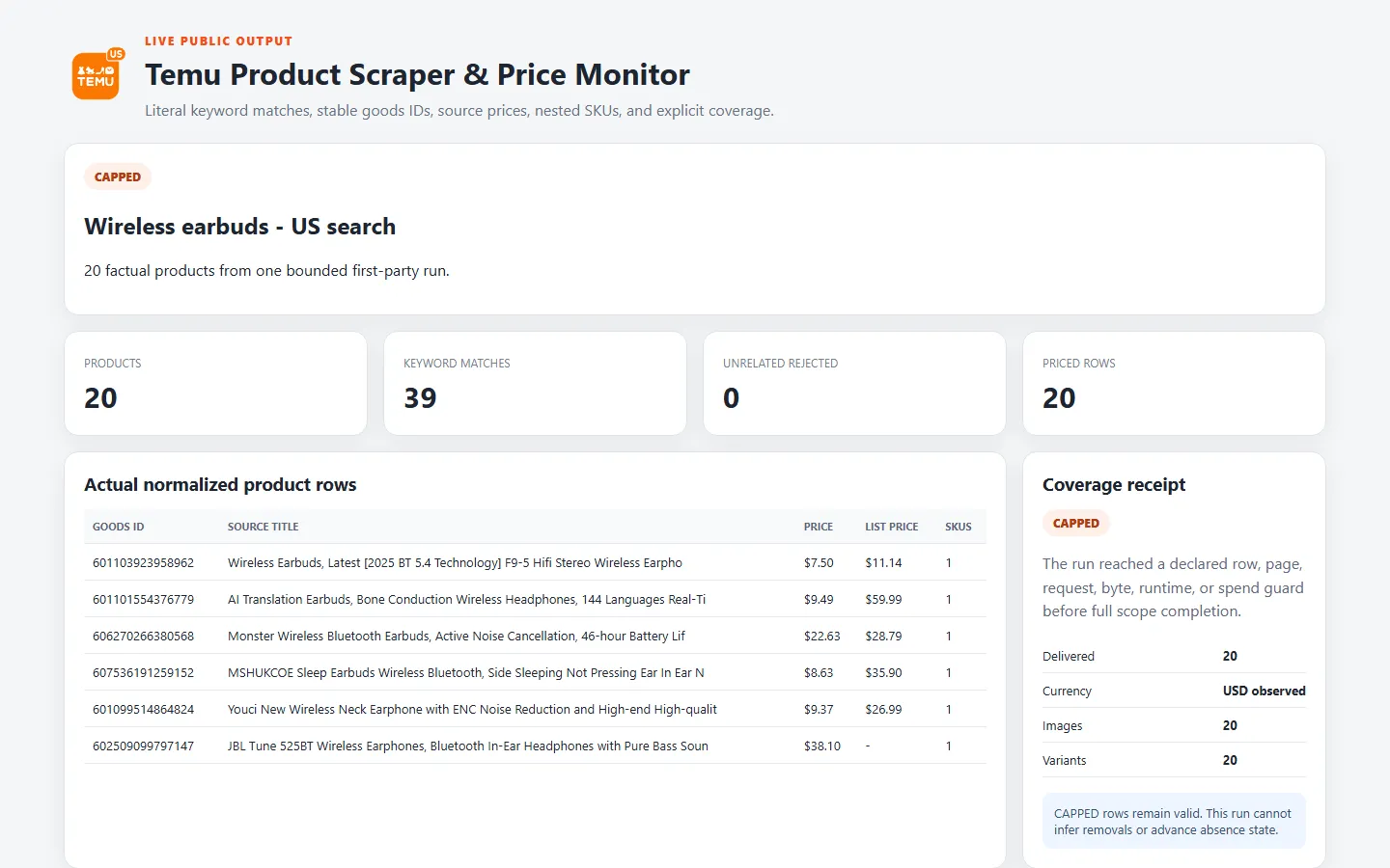 Temu product rows with nested SKU variants and explicit coverage