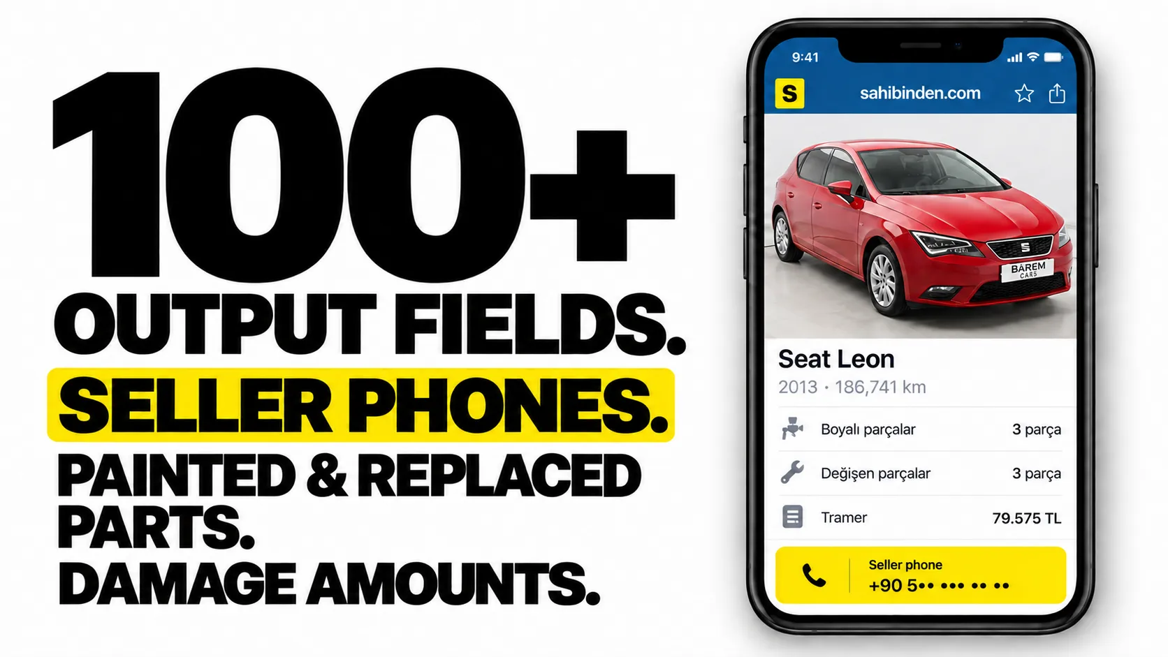 100+ output fields. Seller phones. Painted and replaced parts. Damage amounts.