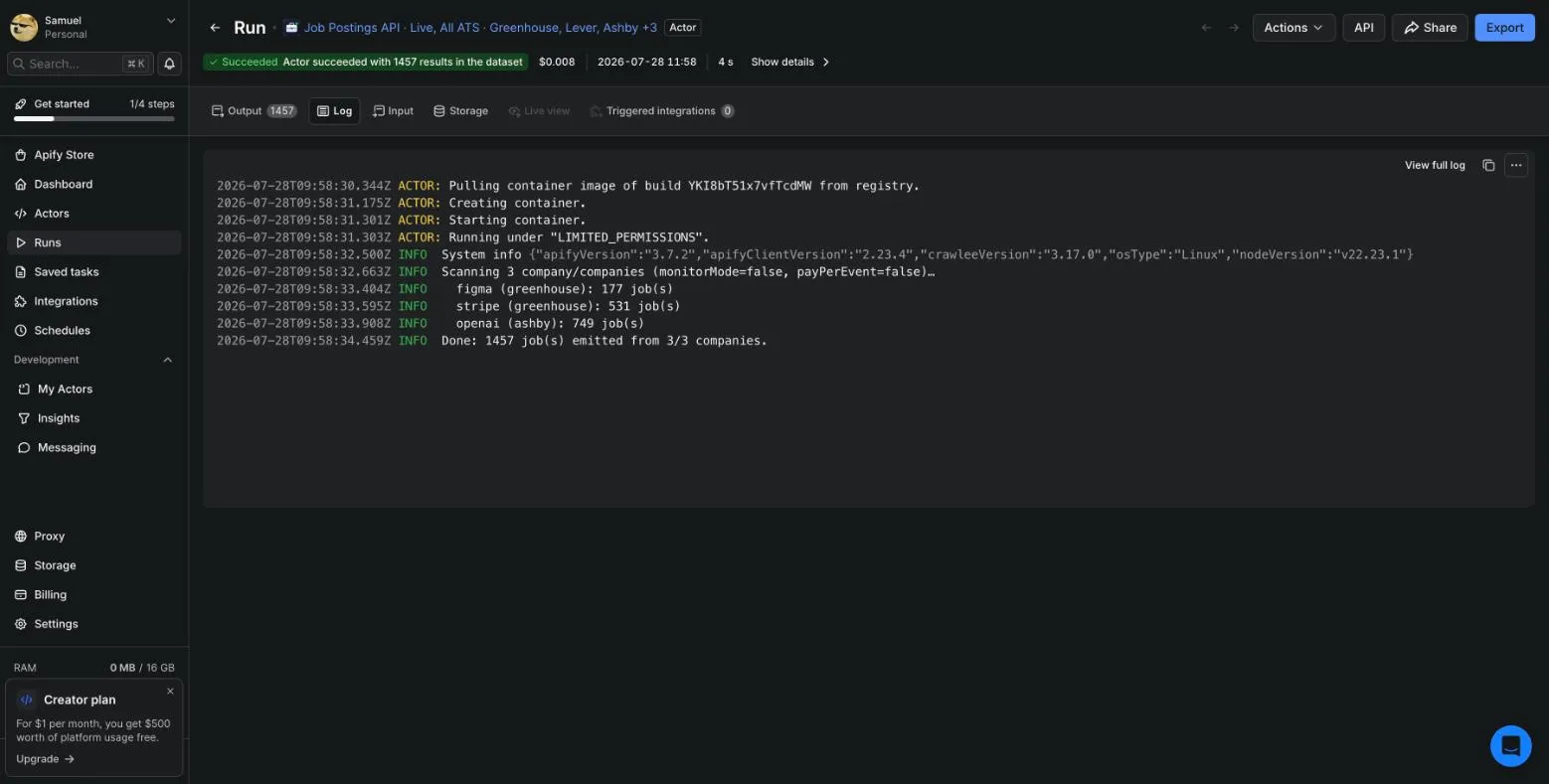 Run succeeded: 1,457 jobs from 3 companies in 4 seconds
