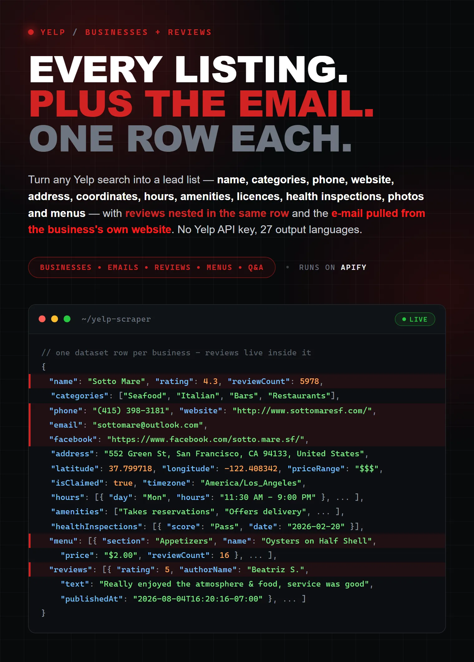 Yelp scraper extracting Yelp business data, e-mail addresses, reviews and menus into JSON