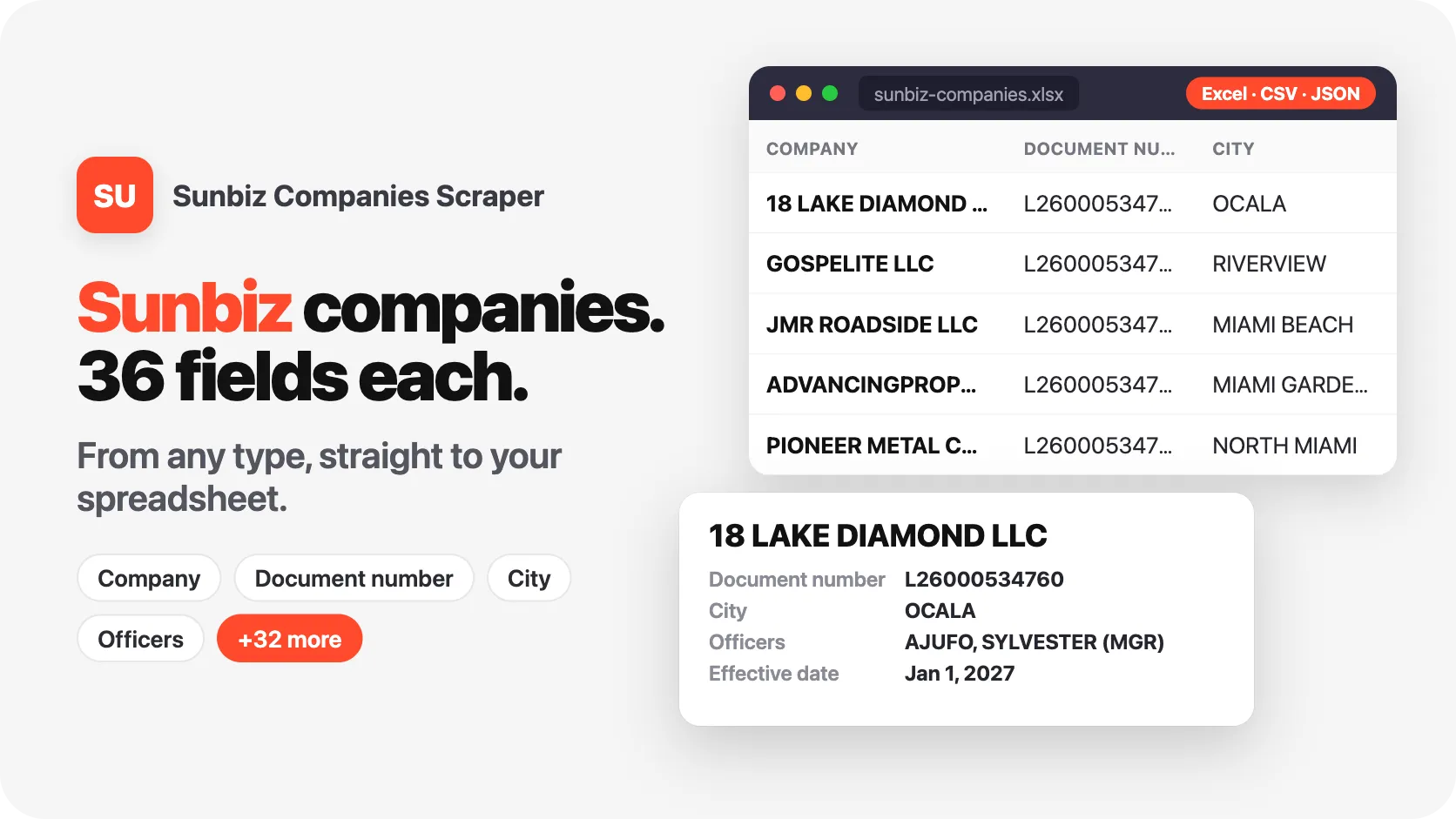 Sunbiz companies, 36 fields each, from any type.