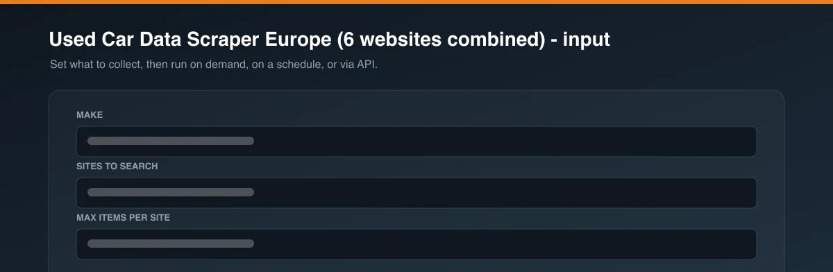 Used Car Data Scraper Europe (6 websites combined) input options
