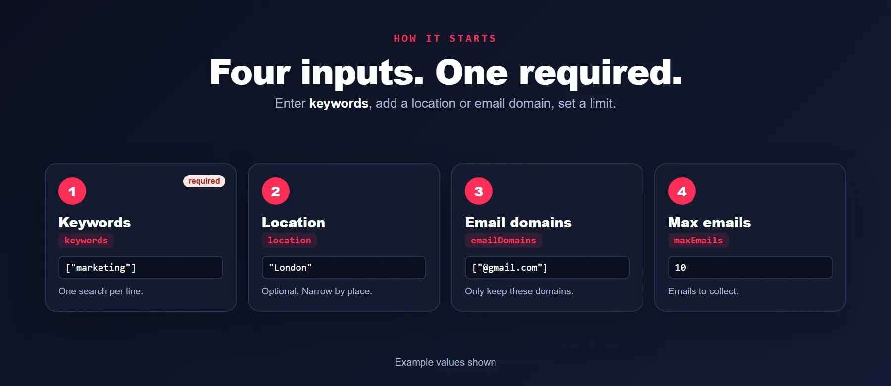 TikTok Email Scraper input: keywords, location, email domains and max emails