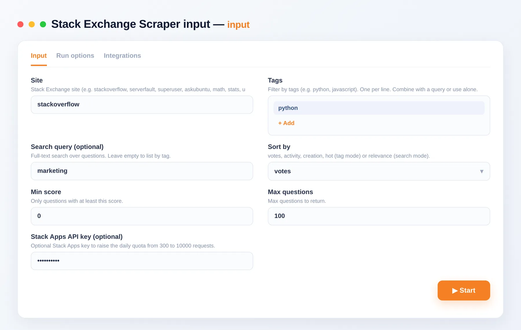 Stack Exchange Scraper input — site, tags, search and sorting in the Apify Console