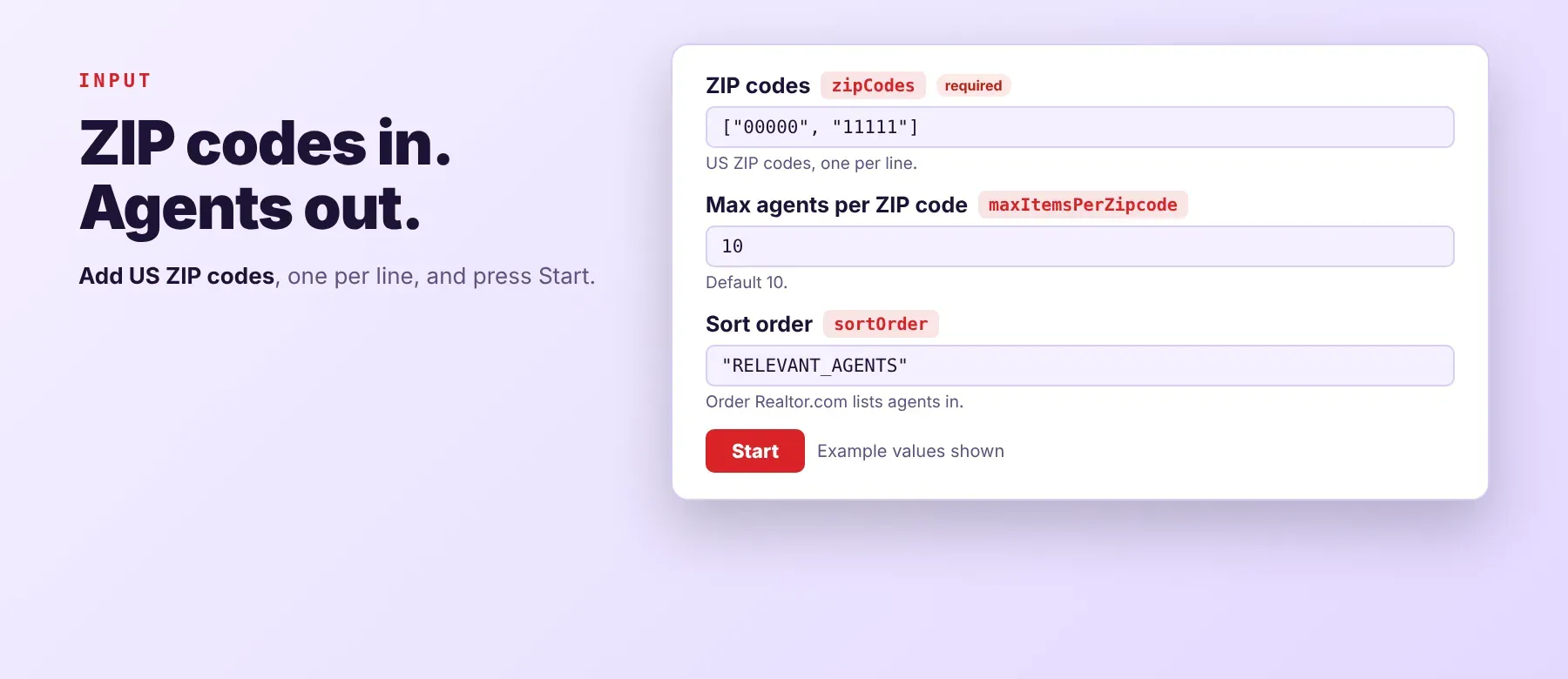 Realtor.com Agent Scraper input: ZIP codes, max agents per ZIP code and sort order