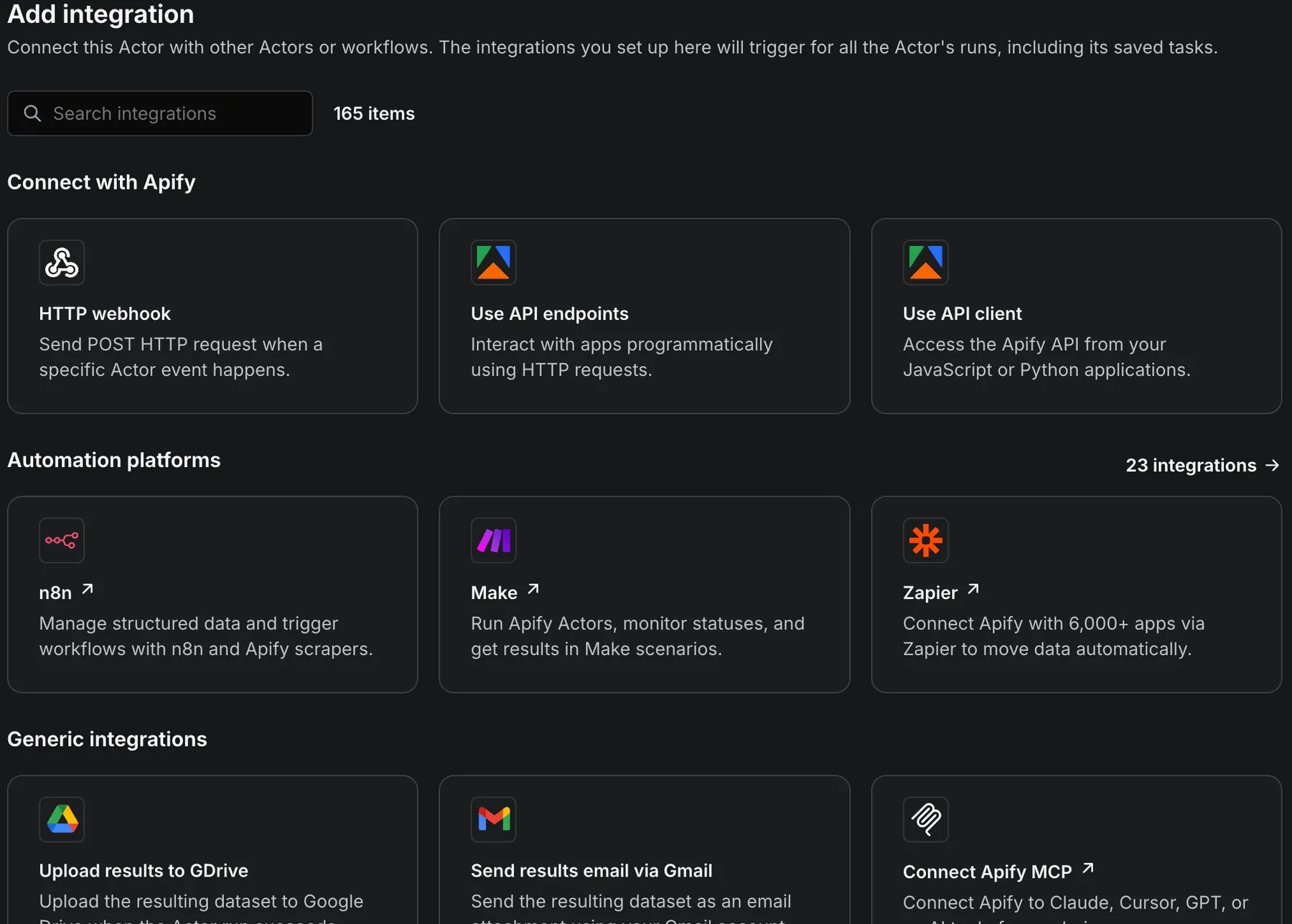 165 integrations — Slack, Make, n8n, Zapier, Gmail, GDrive, MCP, and more