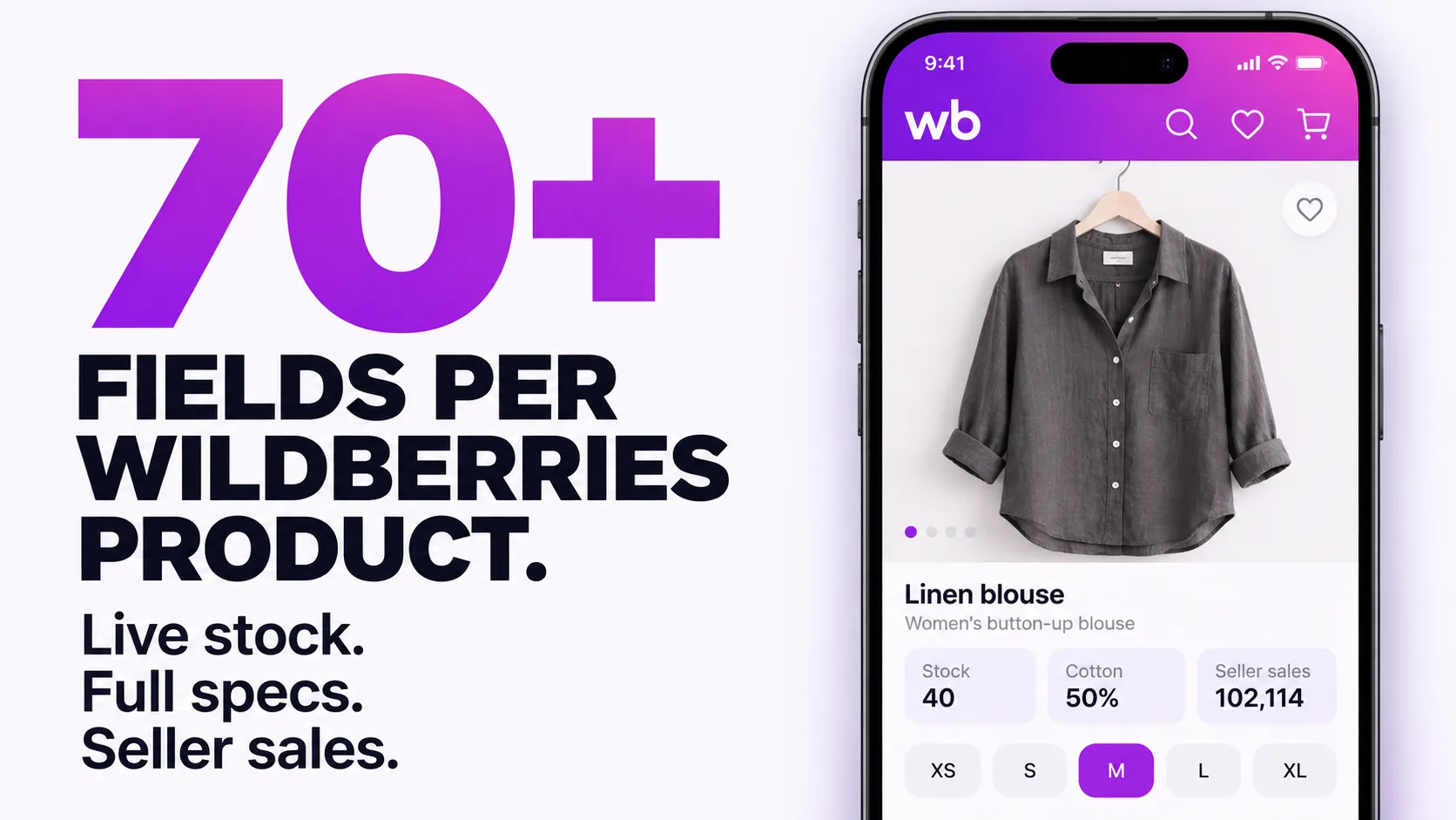 70+ fields per Wildberries product. Live stock. Full specs. Seller sales.