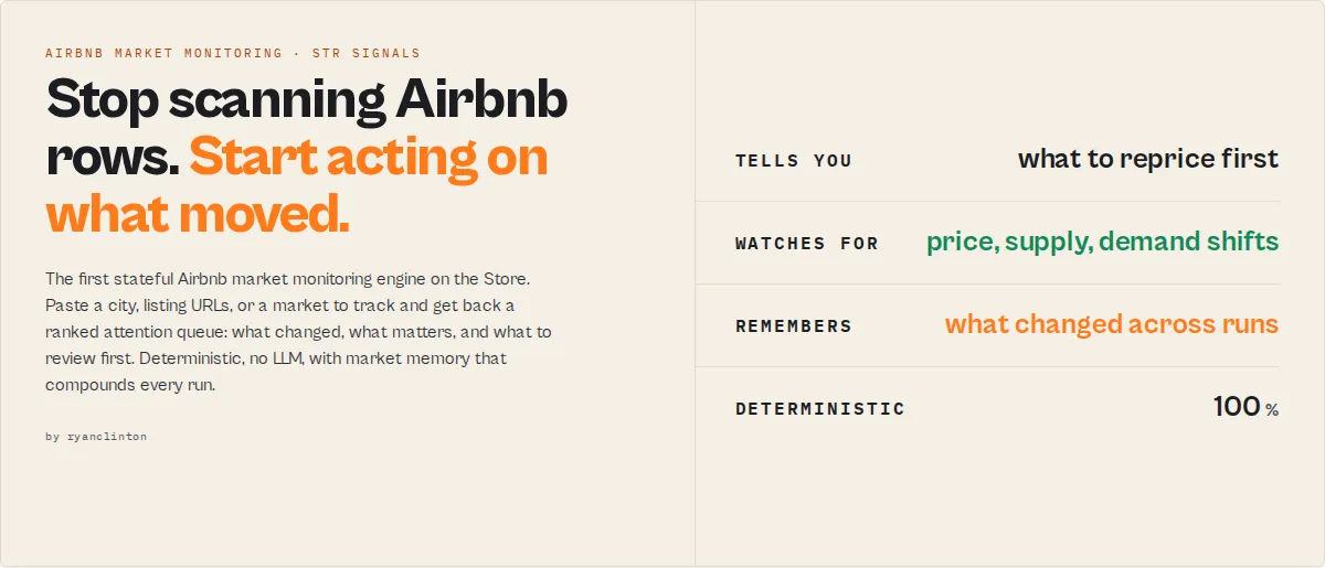 Airbnb Scraper, a stateful Airbnb market monitoring engine that tells you what to reprice first, watches for price, supply and demand shifts, and remembers what changed across runs