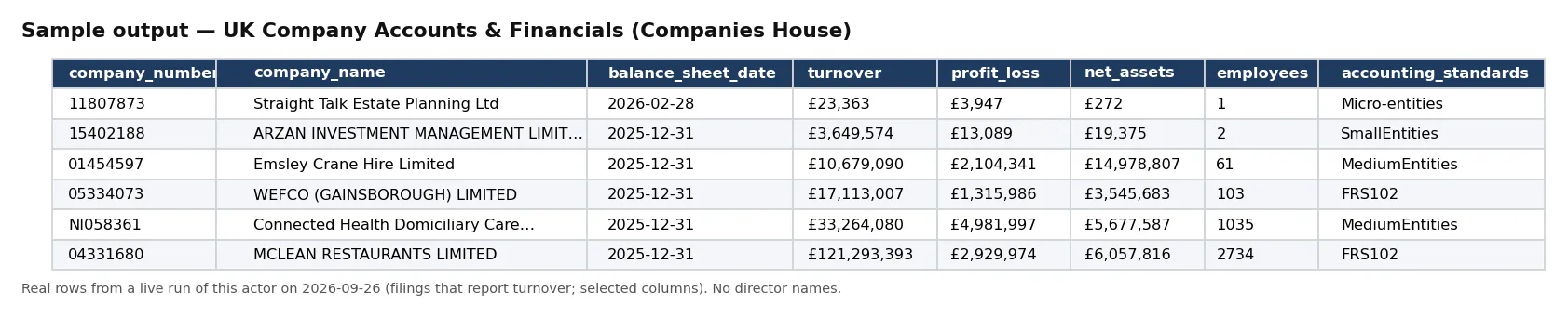 Sample output — UK Company Accounts & Financials (Companies House)