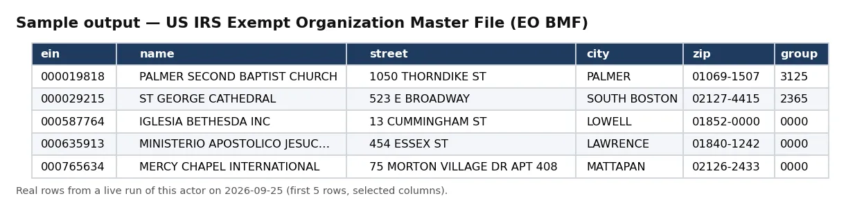 Sample output — US IRS Exempt Organization Master File (EO BMF)