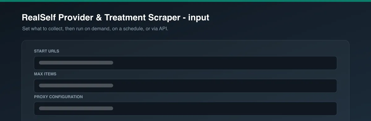 RealSelf Provider & Treatment Scraper input options