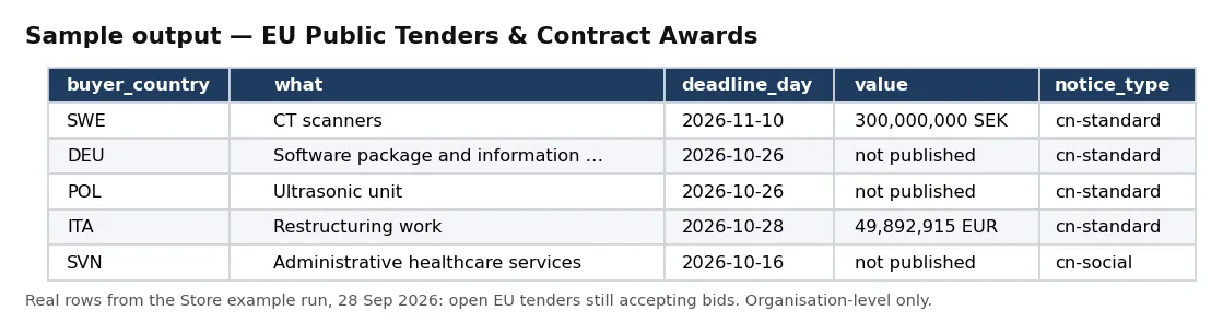Sample output — EU Public Tenders & Contract Awards