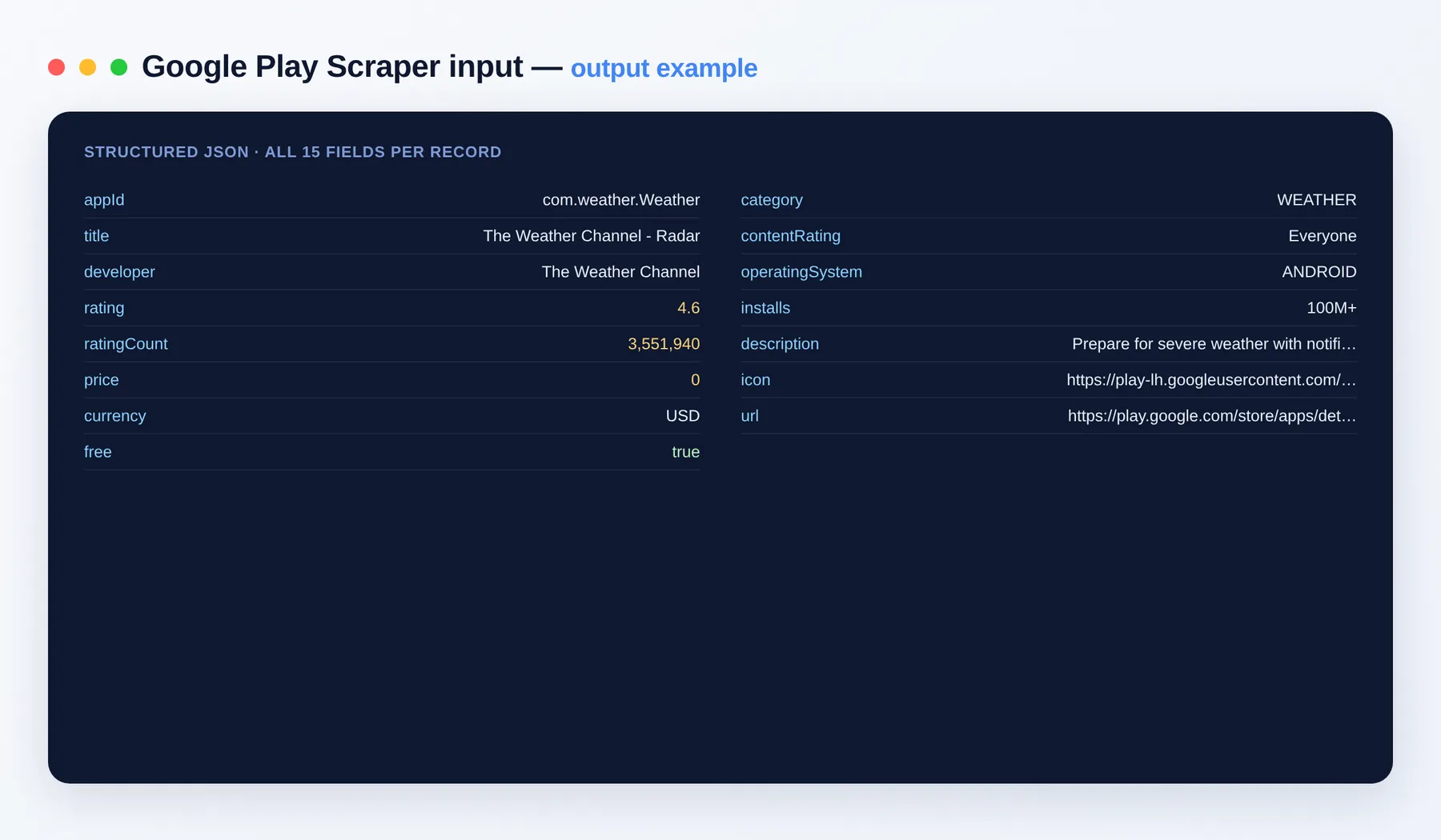 Google Play Scraper output example — app records with rating, installs and pricing as structured JSON