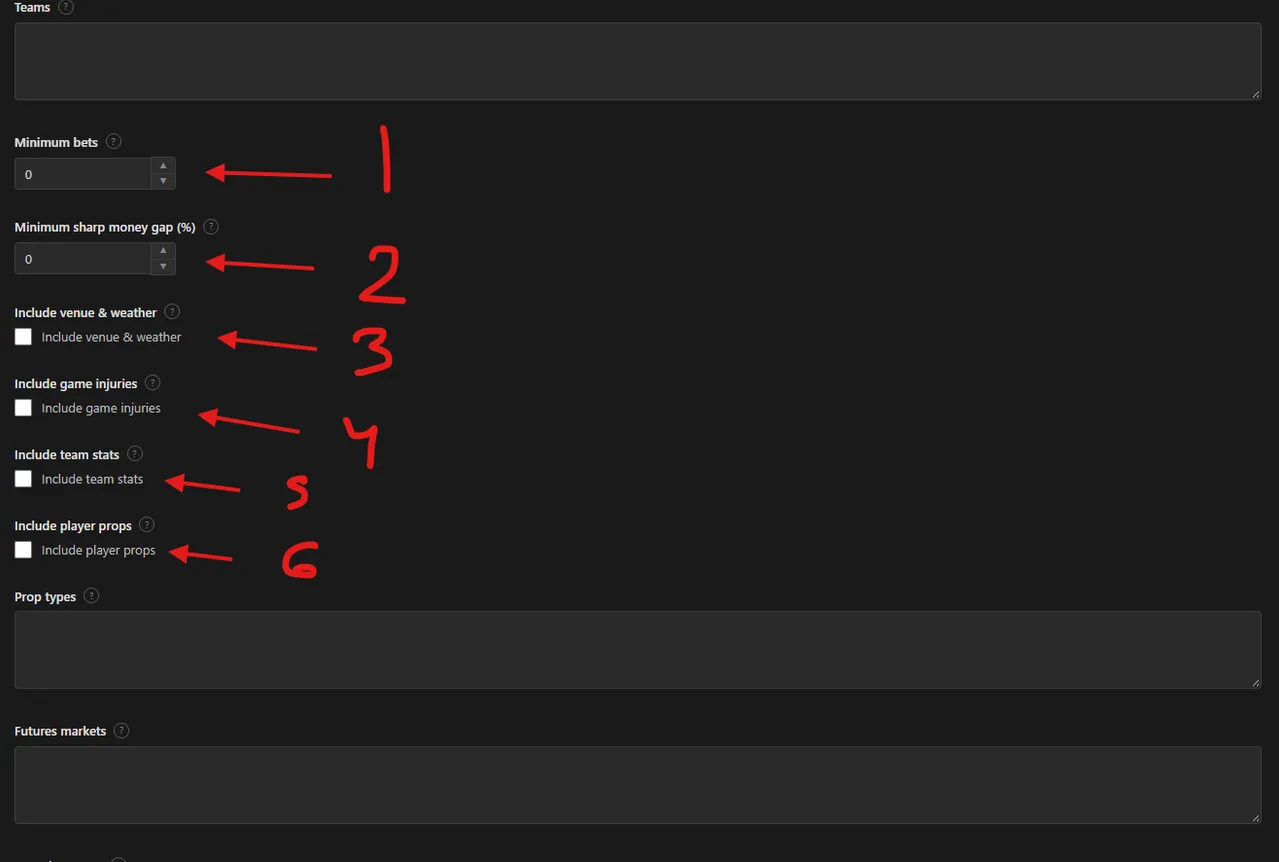 Action Network odds scraper input form with the minimum bets, sharp money gap and optional detail checkboxes marked 1 to 6