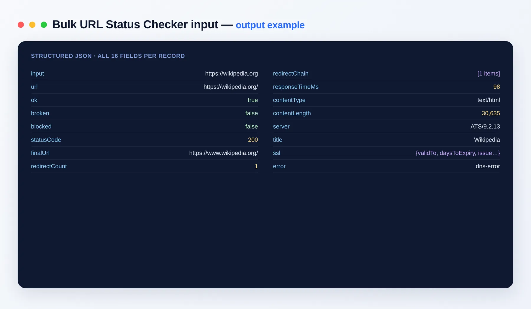 Bulk URL Status Checker output example — status code, broken/blocked flags, redirect chain and SSL as structured JSON