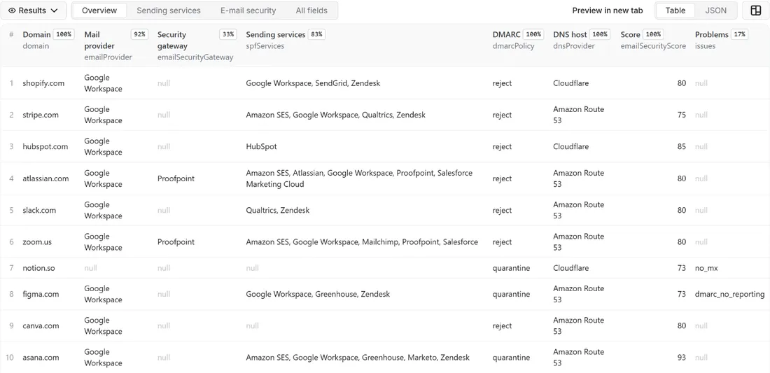 Results of Domain Email and DNS Checker API: MX, SPF, DMARC, Providers in the Apify dataset view