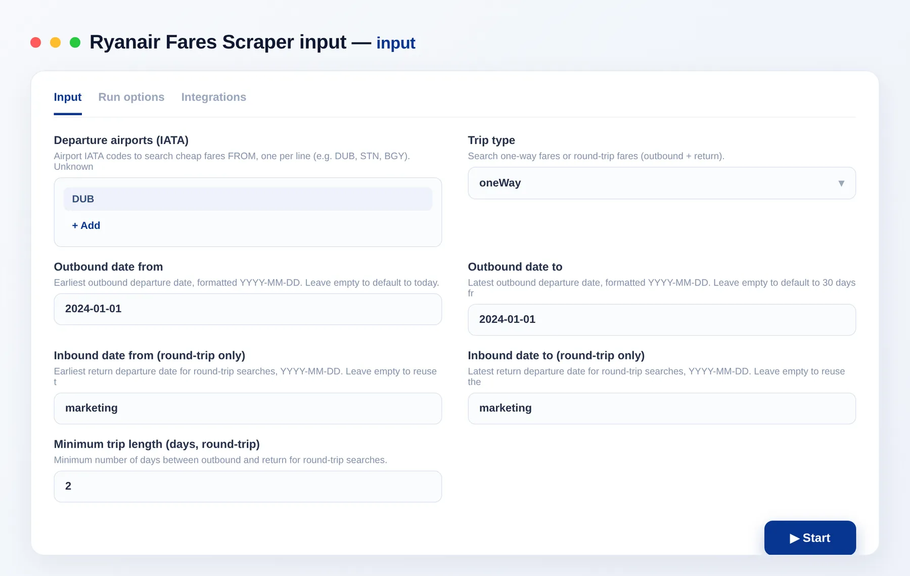 Ryanair Fares Scraper input — departure airports, trip type, date window and price cap