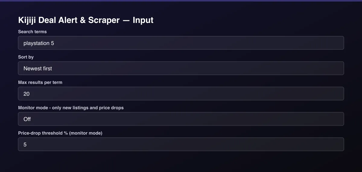 Kijiji Deal Alert & Scraper input form