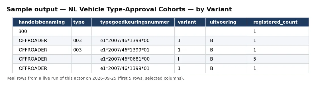 Sample output — NL Vehicle Type-Approval Cohorts — by Variant