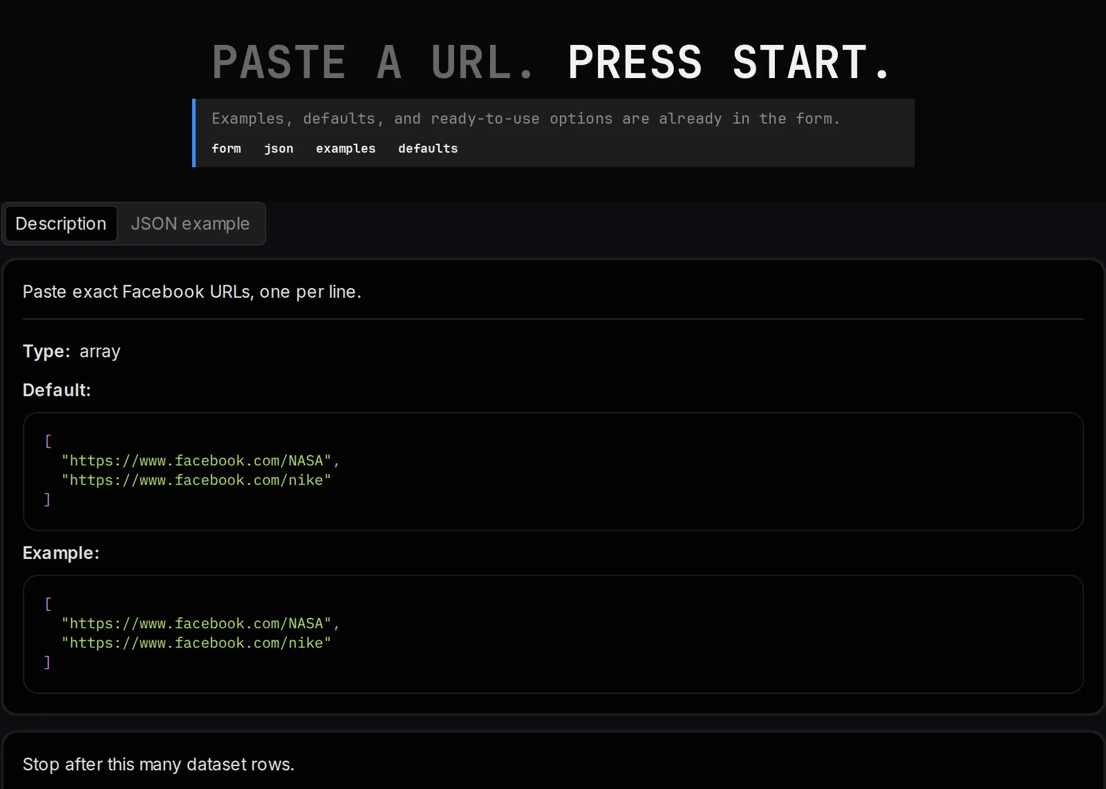 Facebook Page Scraper published input controls