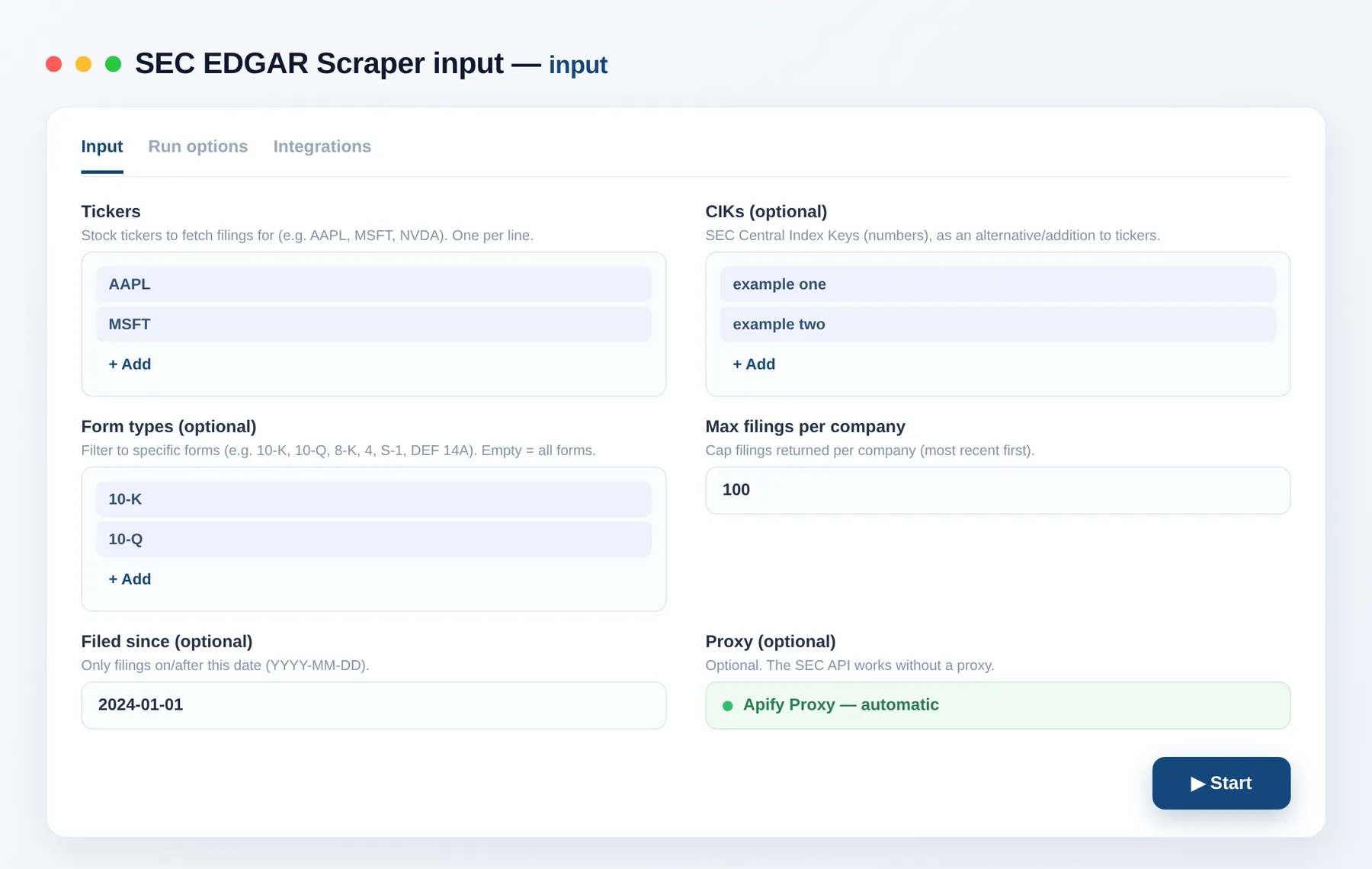 SEC EDGAR Scraper input — tickers, form types and date filter in the Apify Console