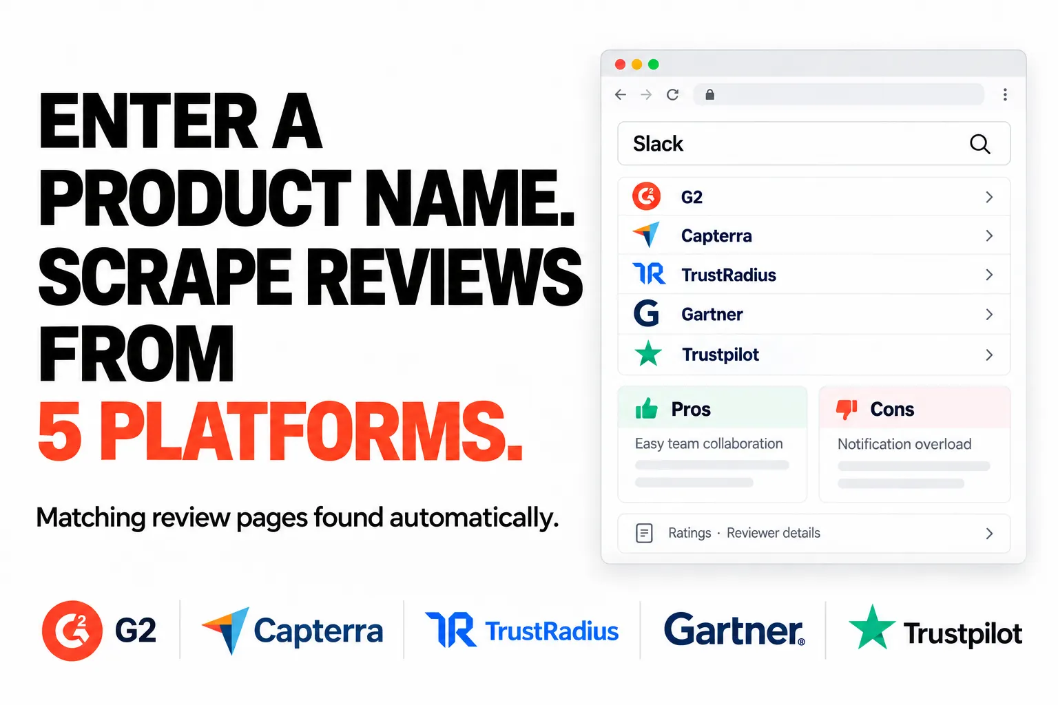 Enter a product name. Scrape reviews from 5 platforms.