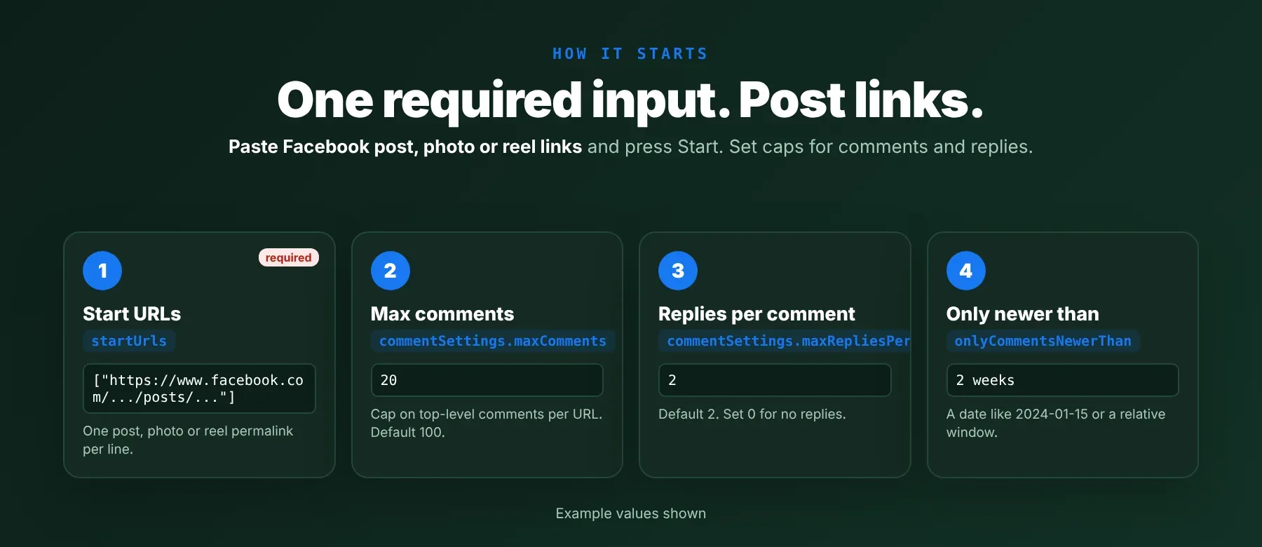 Facebook Comments Scraper input: start URLs, max comments and replies per comment
