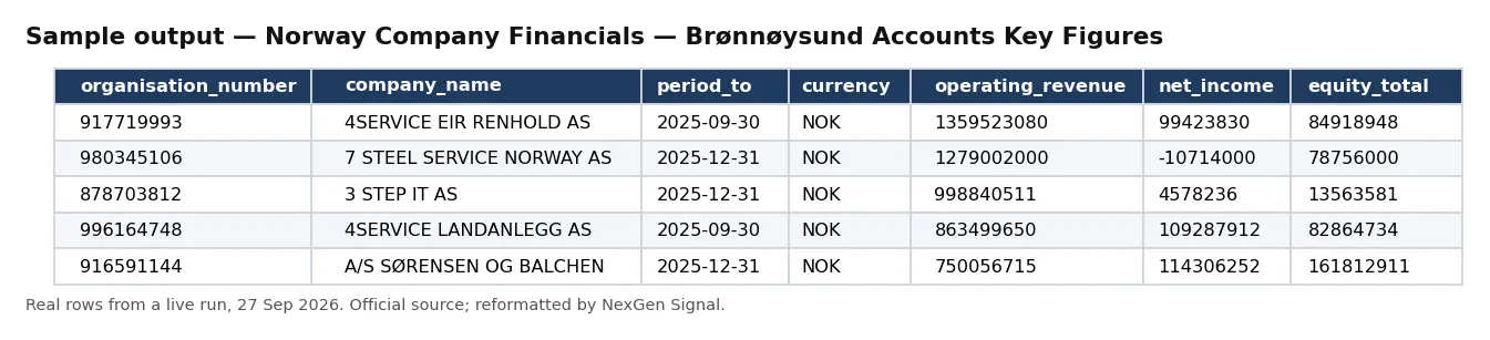 Sample output — Norway Company Financials
