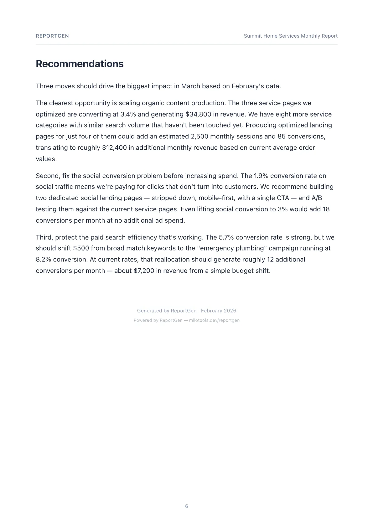 AI-written recommendations with actionable next steps