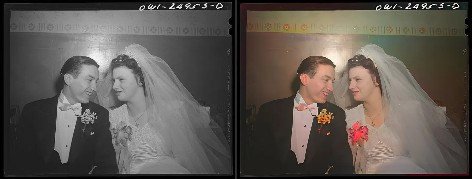 A 1943 black-and-white wedding photo, before and after restoration